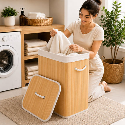 Cesto de Roupa Grande Organizador em Bambu com Tampa e Alça de 70 Litros